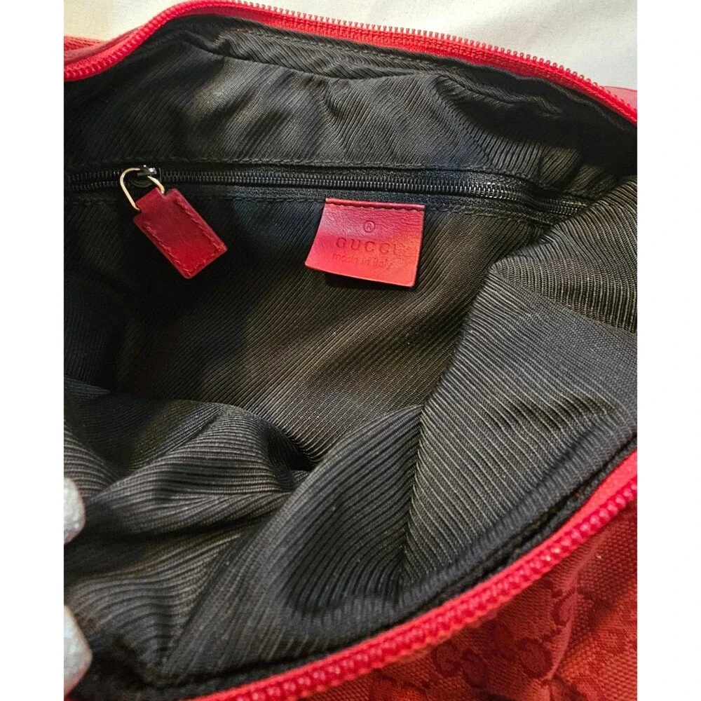 Gucci GG Canvas Hobo Bag Red Model 001‑4204 Leather Trim Gold Hardware Shoulder